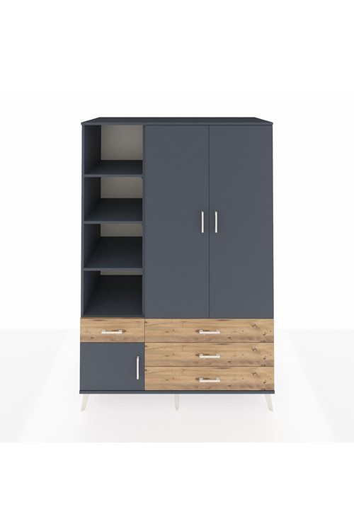 Kronos Dolap 5 Raflı 4 Çekmeceli 1 Askılı 132 x 59 x 195 cm Antrasit - Antrasit - Çam