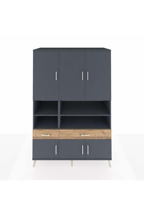 Kronos Dolap 8 Raflı 2 Çekmeceli 6 Kapaklı 132 x 59 x 195 cm Antrasit - Antrasit - Çam
