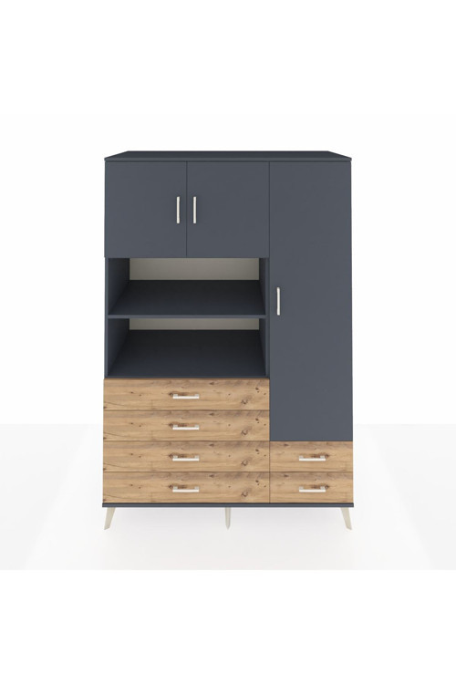 Kronos Dolap 9 Raflı 6 Çekmeceli 3 Kapaklı 132 x 59 x 195 cm Antrasit - Antrasit - Çam