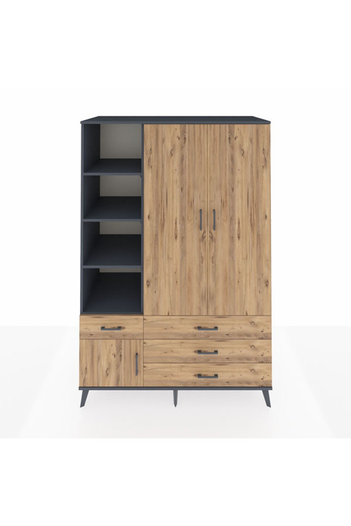 Kronos Dolap 5 Raflı 4 Çekmeceli 1 Askılı 132 x 59 x 195 cm Antrasit - Çam - Çam