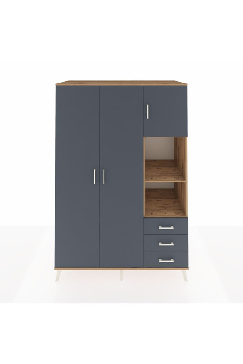 Kronos Dolap 5 Raflı 3 Çekmeceli 1 Askılı 132 x 59 x 195 cm Çam - Antrasit - Antrasit