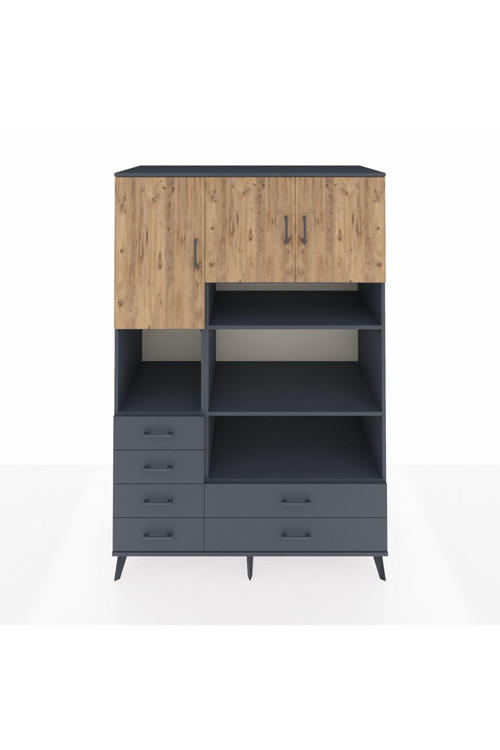Kronos Dolap 9 Raflı 6 Çekmeceli 3 Kapaklı 132 x 59 x 195 cm Antrasit - Çam - Antrasit