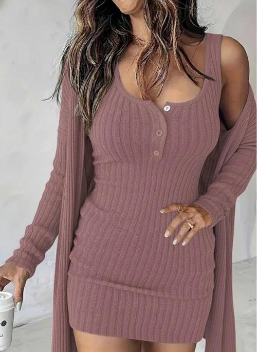 MDB Kadın Askılı Yuvarlak Yakalı önü Düğmeli şardonlu Kaşkorse Mini Elbise Ve Kısa Ceket