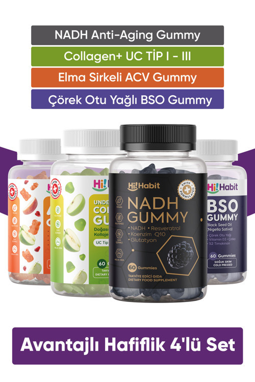 Nadh Koenzim Q10 - Kolajen Tip1-Tip3 - Acv Elma Sirkeli - Bso Çörek Otu Yağı Gummy Seti