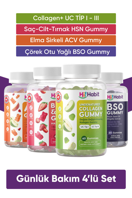 Kolajen Tip1, Tip3, Acv Elmas Sirkeli - Hsn Cilt, Tırnak Ve Saç Ve Bso Çörek Otu Yağı Gummy 4Lü Set