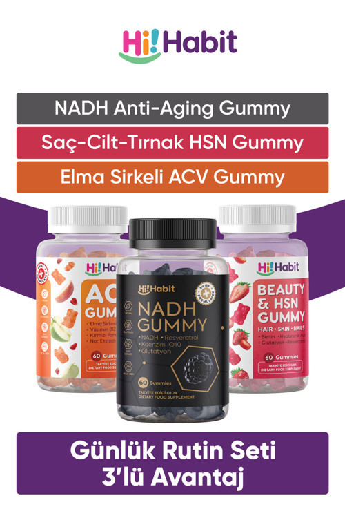 Nadh + Saç/Cilt/Tırnak İçin Güzellik Gummy + Elma Sirkeli Gummy 3Lü Set Takviye Edici Gıda