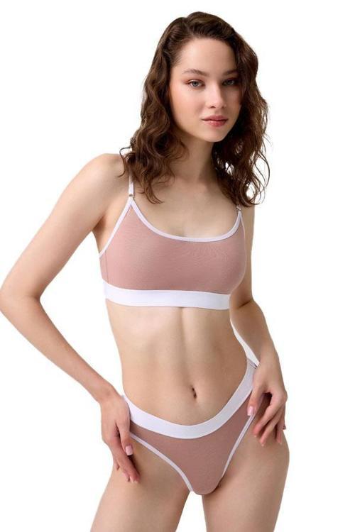 Kahverengi Pamuklu Lastik Detaylı Ayarlanabilir Askılı Kadın Sütyen Takımı