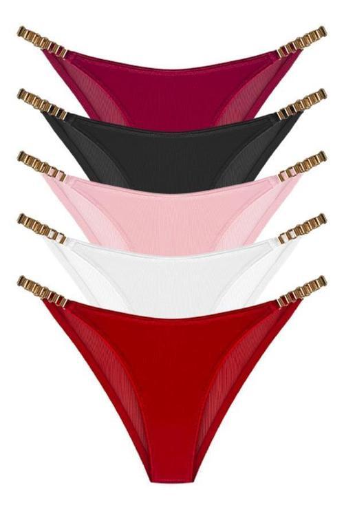 Tül Transparan Zincir Detaylı Kadın Brezilya Külot 5'li Paket