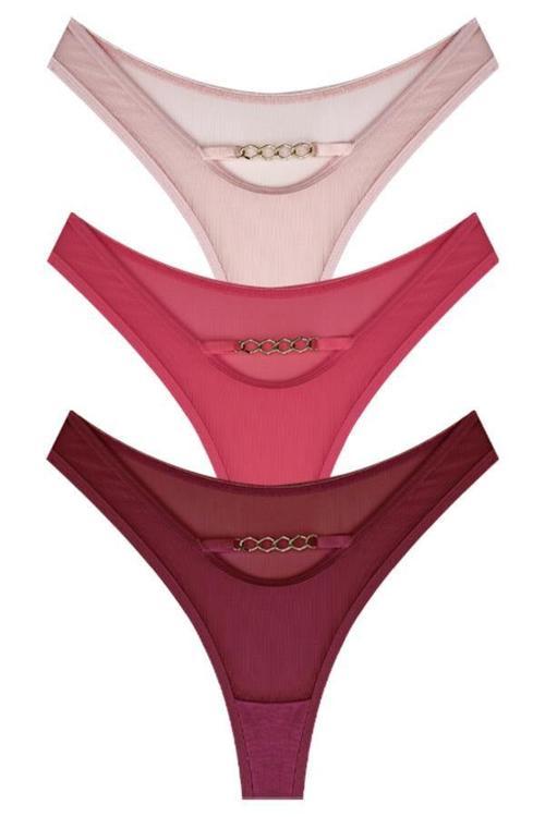 Tüllü Transparan Zincir Detaylı Kadın Brezilya Külot 3'lü Paket