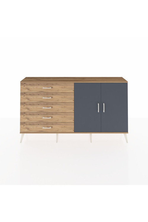 Arges Konsol 2 Raflı 5 Çekmeceli 2 Kapaklı 176x30x99 Çam-Antrasit/Çam