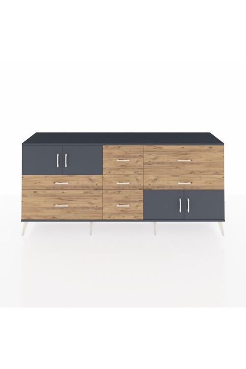 Hyperion Konsol 3 Raflı 7 Çekmeceli 4 Kapaklı 220 x 44 x 99 cm Antrasit - Antrasit - Çam