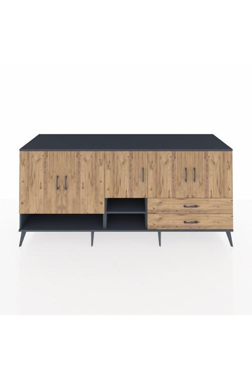 Kronos Konsol 6 Raflı 2 Çekmeceli 5 Kapaklı 220 x 59 x 99 cm Antrasit - Çam - Çam