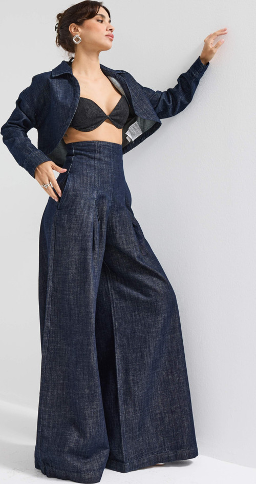 Kadın İndigo Renk 7w5-50 Süper Palazzo Fit Yüksek Bel Özel Tasarım Denim Jean