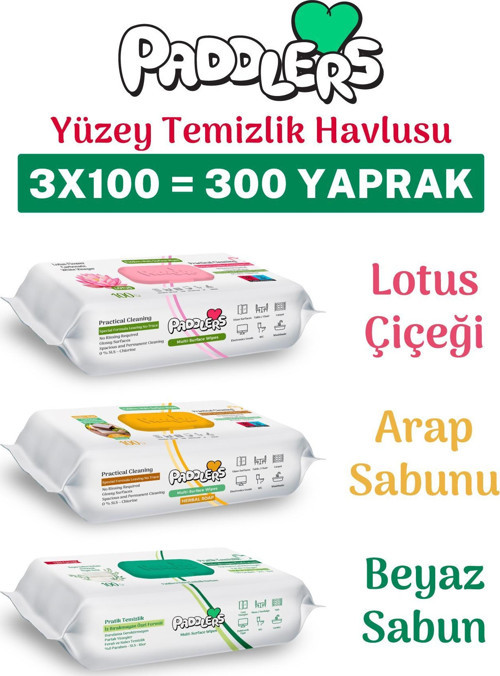 Easy Clean Lotus Çiçeği Arap Sabunu ve Beyaz Sabun Katkılı Yüzey Temizlik Havlusu 3x100 (300 Yaprak)