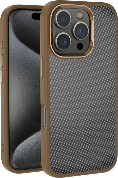 iPhone 16 Pro Max Kılıf Karbon Fiber Görünümlü Parlak Kamera Çerçeveli MKST Venus Kapak-Siyah-Kahve