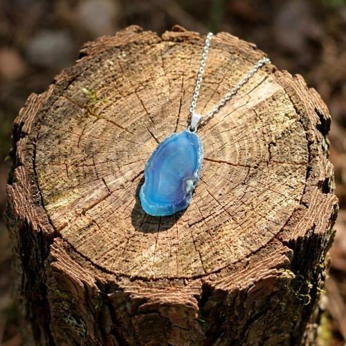 Mavi Akik Taşı Dilim Kolye – Çelik Zincirli