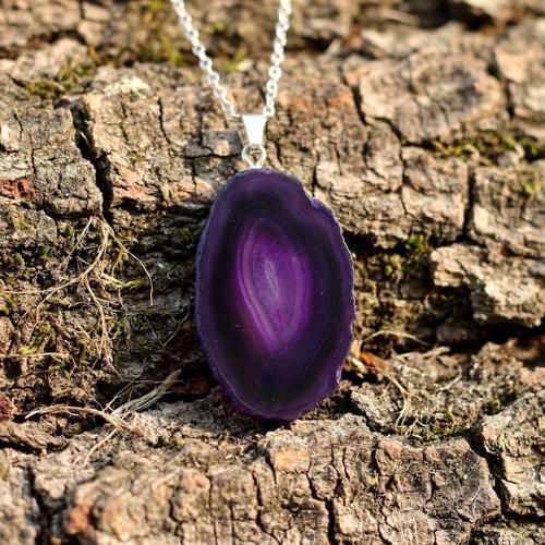 Mor Akik Taşı Dilim Kolye – Çelik Zincirli