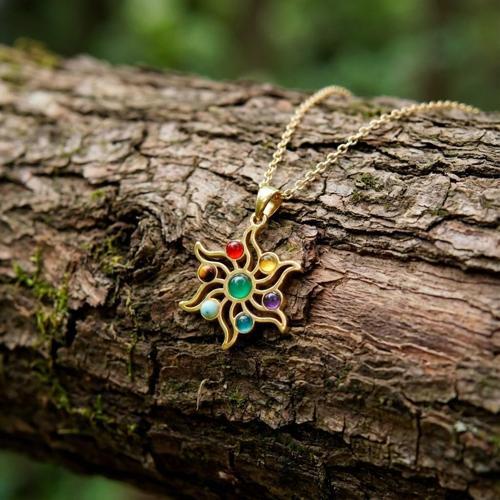 Altın Renkli Çakra Güneşi Çelik Kolye – 7 Taşlı Doğal Taş Çakra Kolye