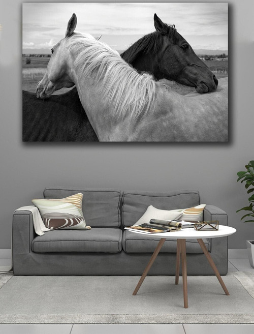 100 x 140 Siyah Ve Beyaz Atlar Kanvas Tablo