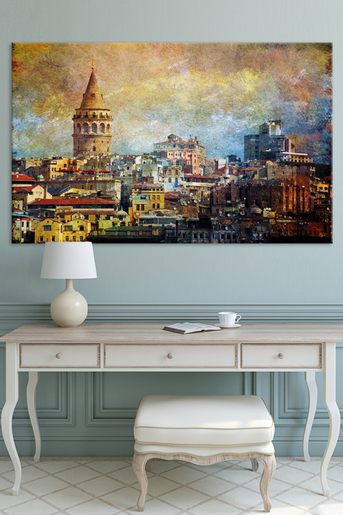 Galata Kulesi Istabnbul Eskitme Vintage Kanvas Tablo