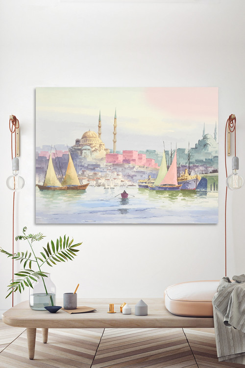 İstanbul Şehir Manzara Pastel Renkli Dekoratif Kanvas Tablo