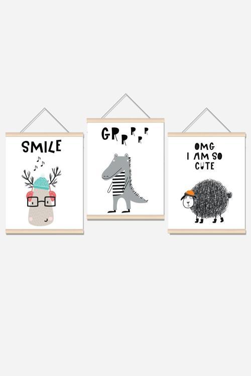 Sevimli Hayvanlar Ip Askılı Çocuk Odası Kanvas Poster Tablo Duvar Dekoru 3'Lü Set