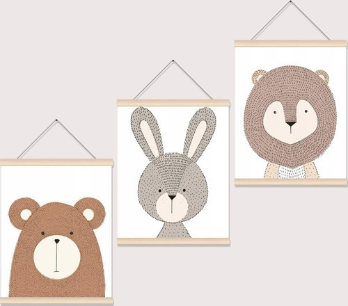 Aslan Maymun Ayı Desenli Çocuk Odası İp Askılı Kanvas Poster Tablo Duvar Dekoru