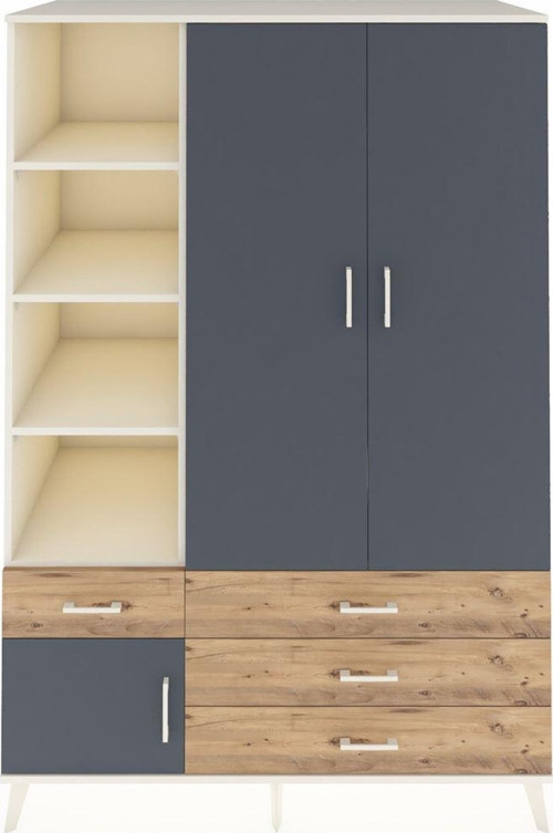 Kronos Dolap 5 Raflı 4 Çekmeceli Tek Askılı 132x59x195 Aytaşı-Antrasit/Çam