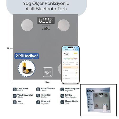 GRİ YAĞ ÖLÇER AKILLI BLUETOOTH CAM BASKÜL PİLLİ 180KG/50GR 28X28CM 8-KİŞİ HAFIZA LCD EKRAN ℃ GÖSTERGE SBS-4469 (2818)