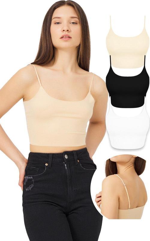 Ayarlanabilir İnce Askılı Lazer Kesim Crop Büstiyer 3'lü Paket-3