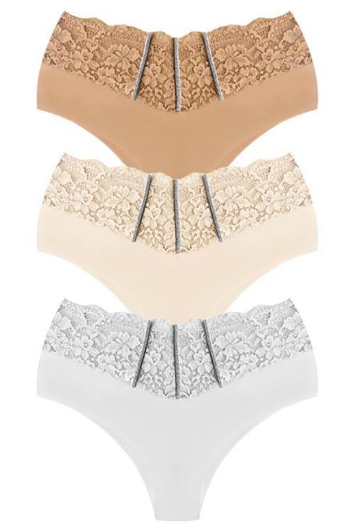 Dantel ve Taş Detaylı Lazer Kesim Büyük Beden Kadın Bikini Külot 3'lü Paket-2