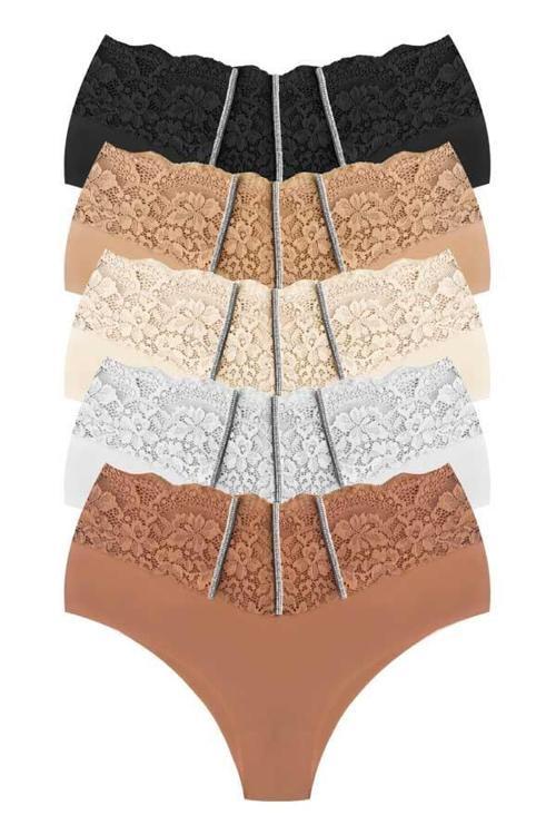 Dantel ve Taş Detaylı Lazer Kesim Büyük Beden Kadın Bikini Külot 5'li Paket