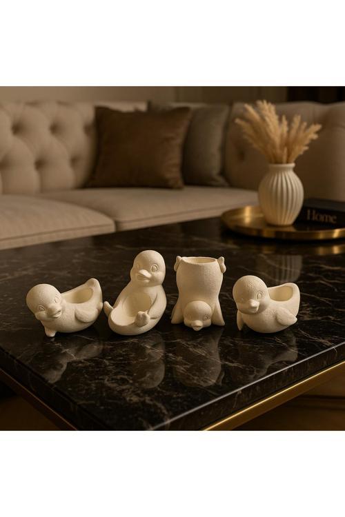 4’lü Taş Tozu Penguen Biblo Seti – Dekoratif Masa ve Raf Süsü