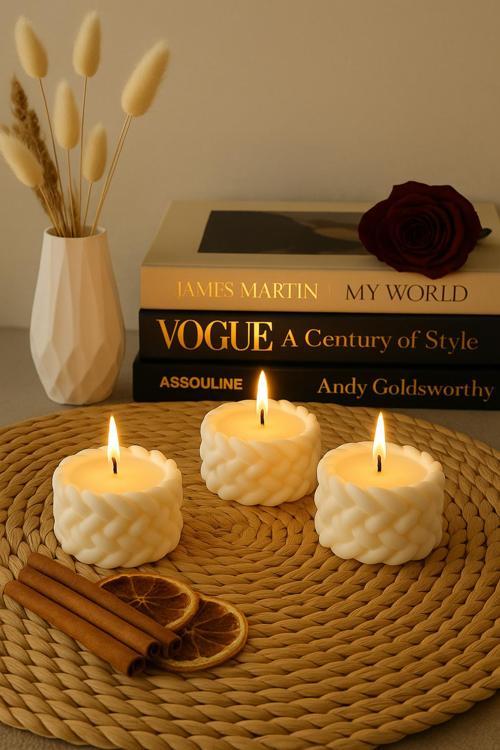 3'lü El Yapımı Taş Kasede Okyanus Kokulu Dekoratif Mum – Şık ve Doğal Tasarım