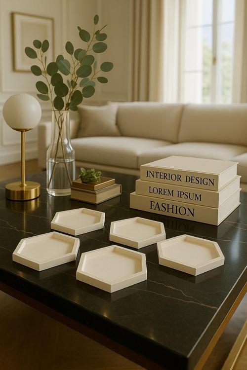 5’li Altıgen Sunum Tabağı & Mücevherlik Seti – Minimal Dekoratif Tepsi