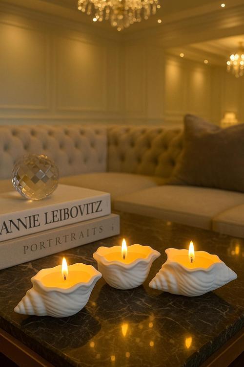 3'lü Zarif Deniz Kabuğu & Okyanus Kokulu Dekor Mum