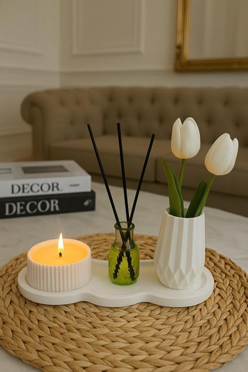 4'lü Set - Okyanus Kokulu Mum & Oda Kokusu, Vazo ve Sunum Altlıklı Dekoratif Set ÇİÇEKLER HARİÇTİR