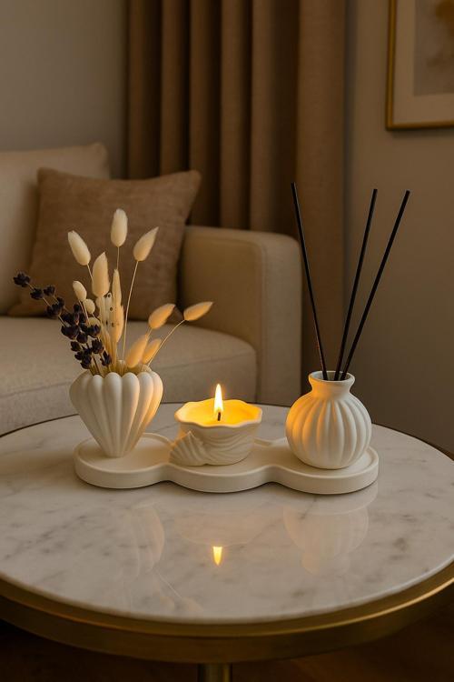 4’lü Dekor Set – Altlık, İstiridye Saksı, İstiridye Lavanta Kokulu Mum ve Oda Kokusu ÇİÇEK HARİÇ