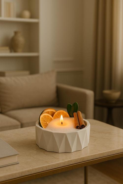 Büyük Boy Dekoratif Kase İçinde Tarçın ve Kurutulmuş Portakal Süslemeli İnci Kumu Mum