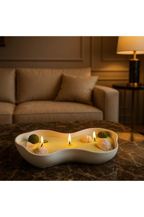 Dekoratif 3 Fitilli Deniz Temalı Kase İnci Kumu Mum