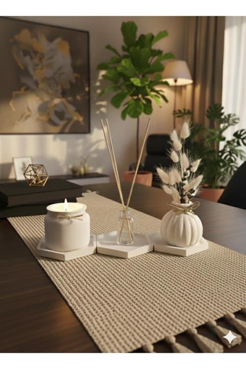 4'lü Set - Fruit Fresh Kokulu Mum & Oda Kokusu, Vazo ve Sunum Altlıklı ÇİÇEK HARİÇTİR