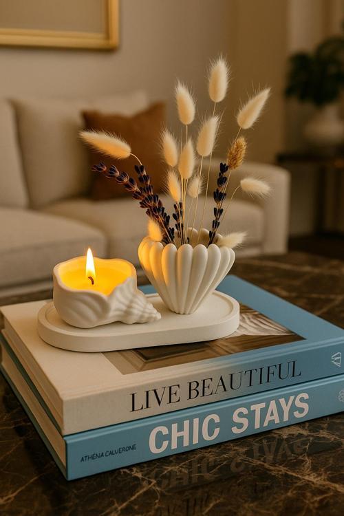 İstiridye Okyanus Kokulu Mum ve Vazo Sunum Altlıklı Dekoratif Set