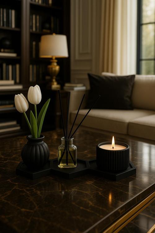 6'lı Set Premium 3’lü Altlık Seti + Dekoratif Vazo, Okyanus Kokulu Mum ve Lüks Oda Kokusu