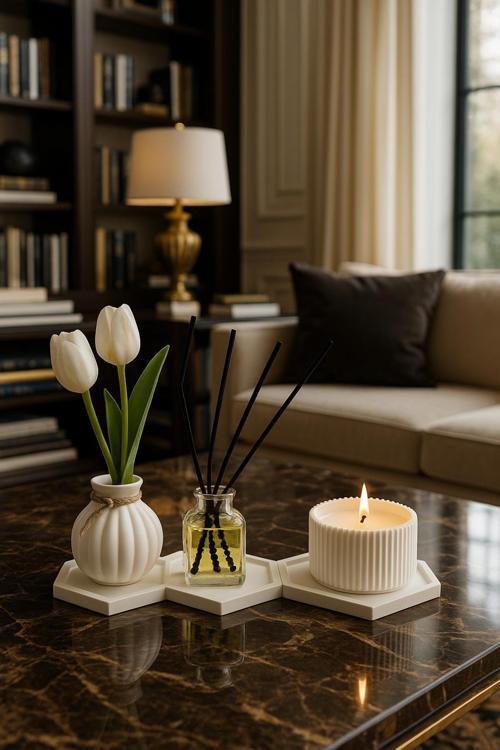 6'lı Set Premium 3’lü Altlık + Dekoratif Vazo, Lavanta Kokulu Mum ve Lüks Oda Kokusu ÇİÇEKLER HARİÇ