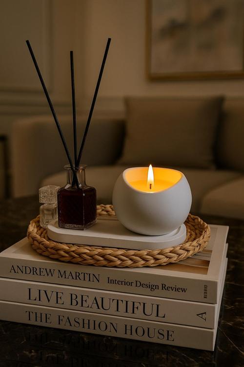 Dekoratif Okyanus Kokulu Mum ve Oda Kokusu Seti | Sunum Altlıklı