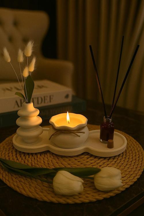 Minimalist Dekoratif Fruit Fresh Kokulu Mum Seti & Oda Kokusu, Taş Vazo ve Özel Tasarım Tepsi ile