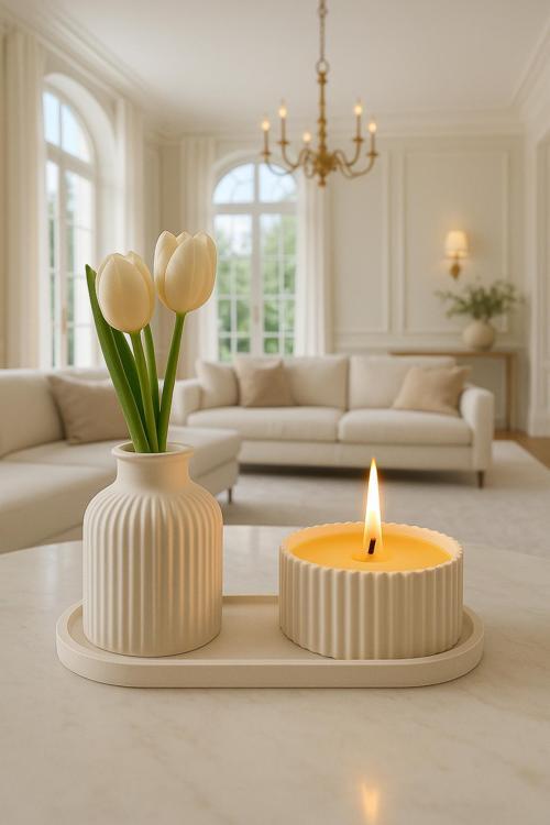 Dekoratif Vazo & Gül Kokulu Mum & Sunumluk Seti (ÇİÇEKLER DAHİL DEĞİLDİR.)