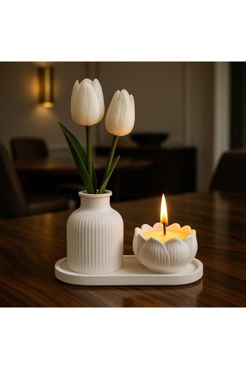 Dekoratif Vazo & Lavanta Kokulu Mum & Sunumluk Seti – Şık Ev Dekorasyonu (ÇİÇEKLER DAHİL DEĞİLDİR.)
