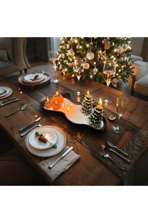 Dev Yılbaşı Kasesi - İnci Kumu Mum Üzerinde Kabak ve Çam Ağaçlı Dekor Mumlar