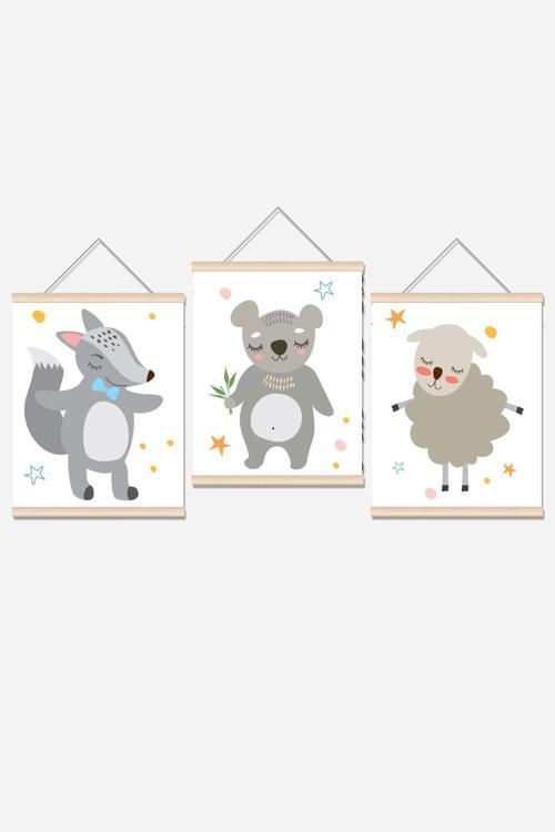 Sevimli Hayvanlar İp Askılı Çocuk Odası Kanvas Poster Tablo Duvar Dekoru